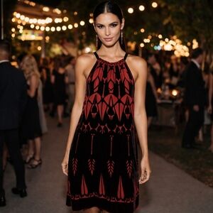 Max Studio Red Burnout Velvet Halter Dress | Black Geometric Party Cocktail Midi